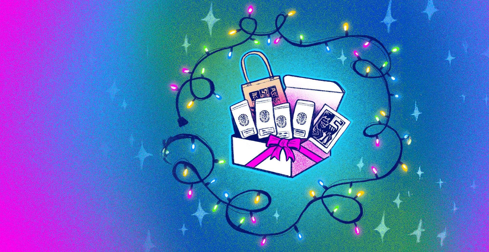 Illustration of a gift bag with stationery items on a colorful gradient background